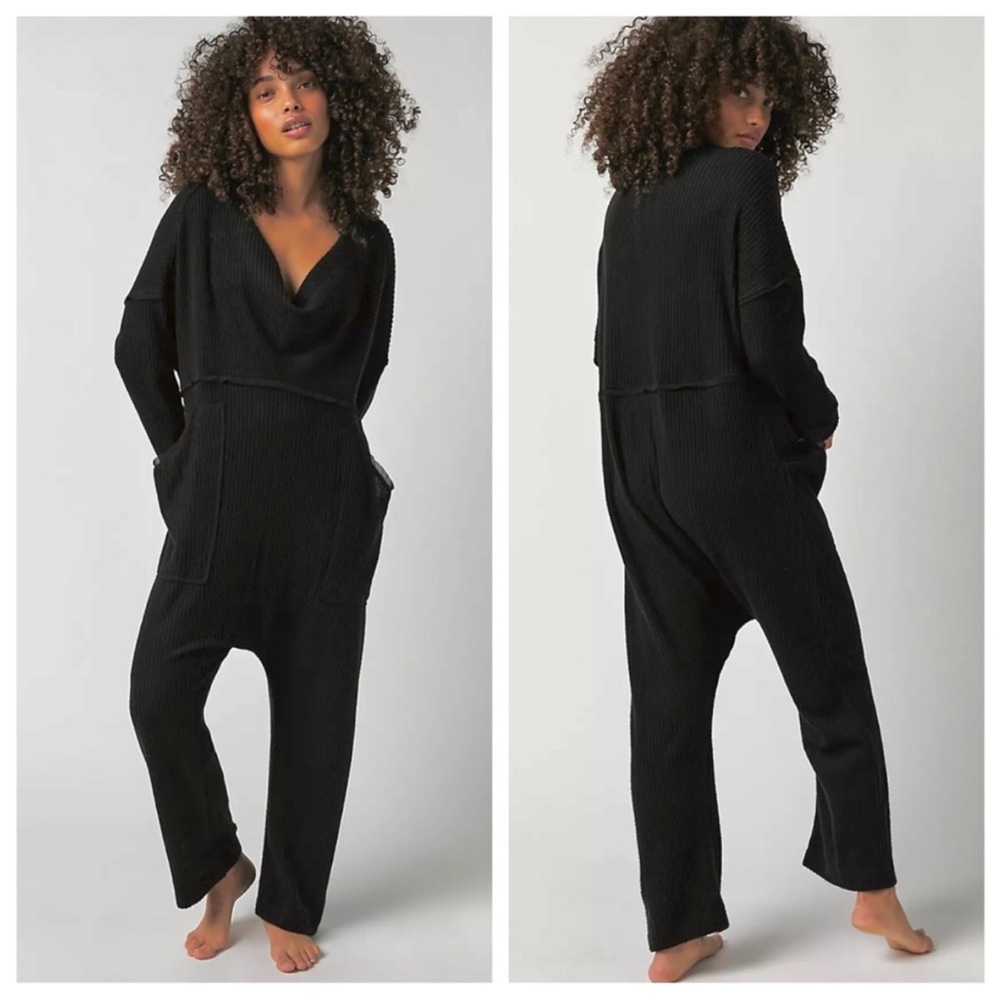 New S Intimately free people Kickback Romper black 1 pc jumpsuit waffle thermal